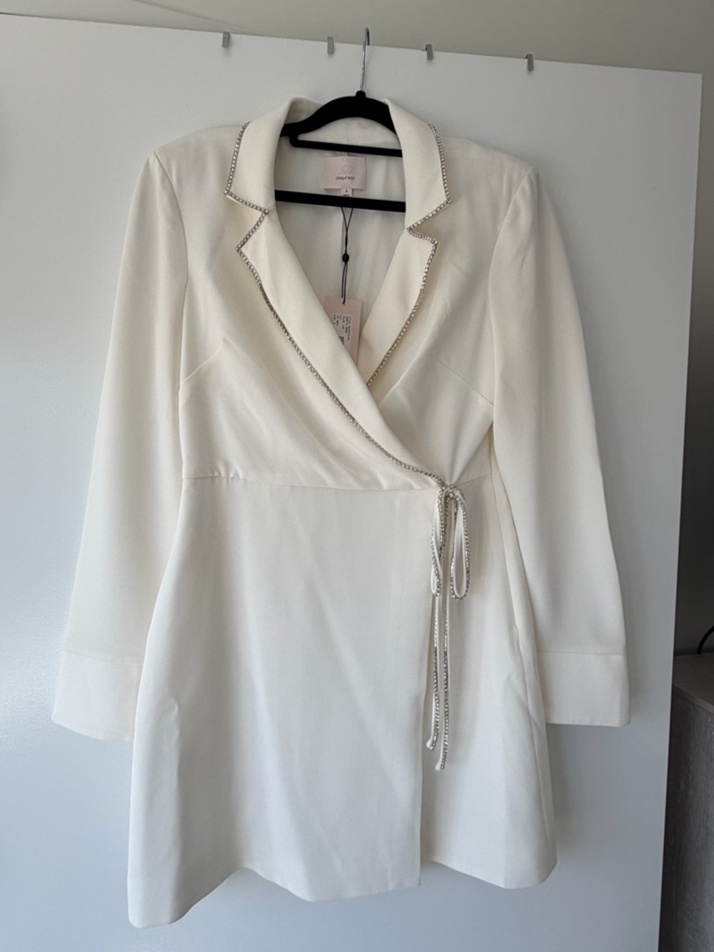 Cinq a Sept Off White Blazer Wrap Dress with Rhinestone Lapel